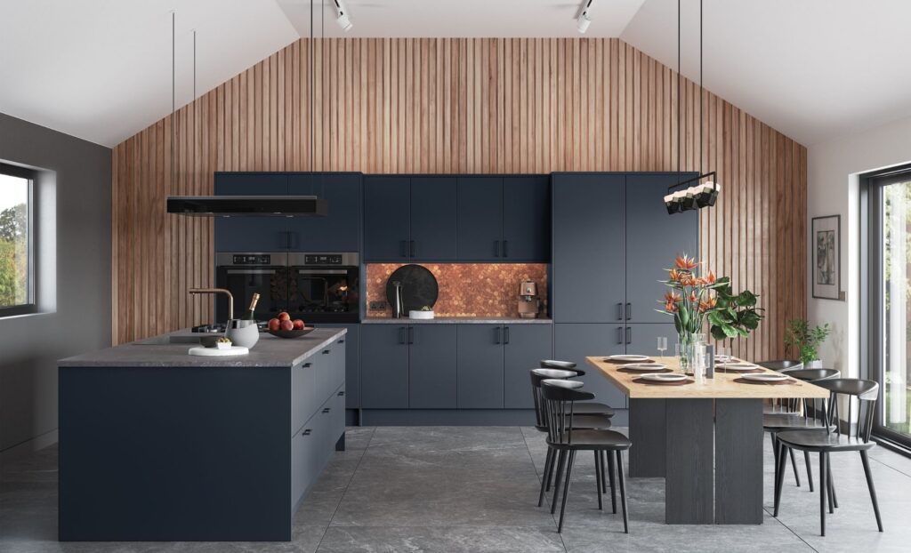 dark grey kitchen with bronze splashback and cladded wall